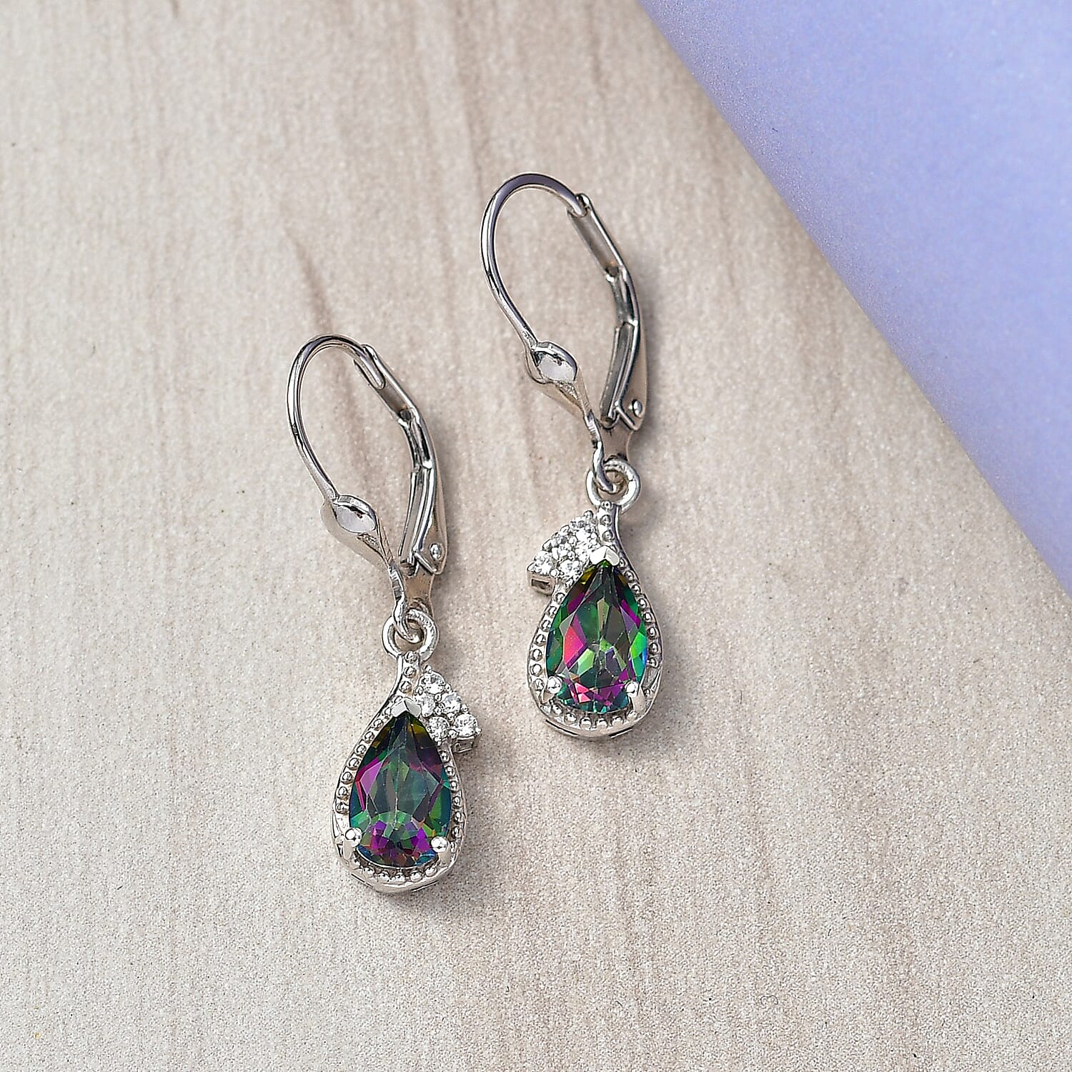 D'Joy Mystic Topaz & White Zircon Solitaire Stud Earring with Lever Back in Rhodium Overlay Sterling Silver 2.26 Ct.
