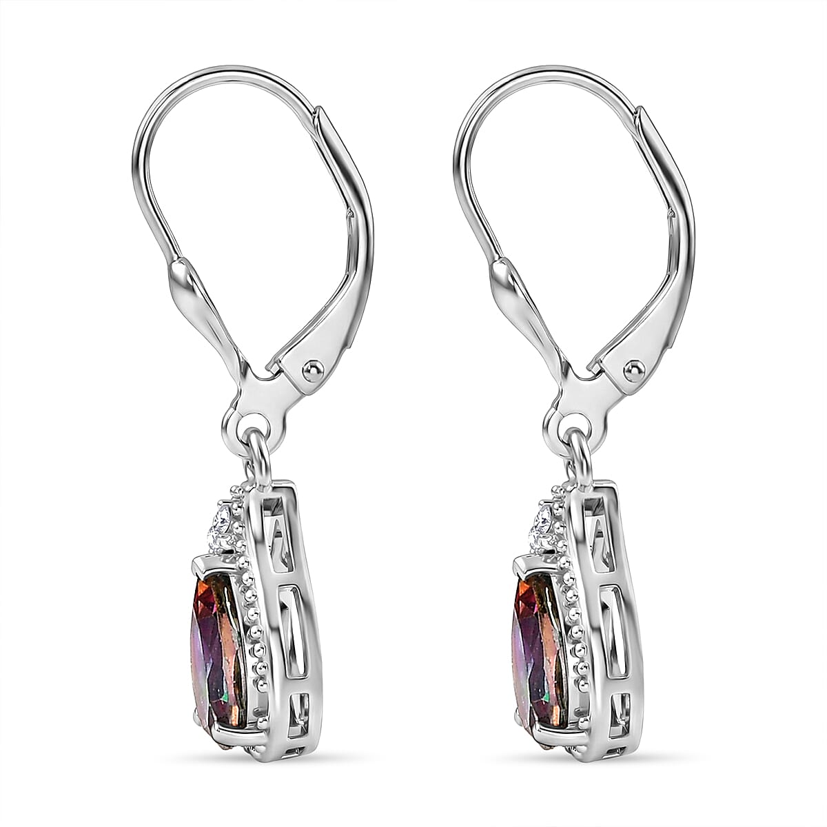 D'Joy Mystic Topaz & White Zircon Solitaire Stud Earring with Lever Back in Rhodium Overlay Sterling Silver 2.26 Ct.
