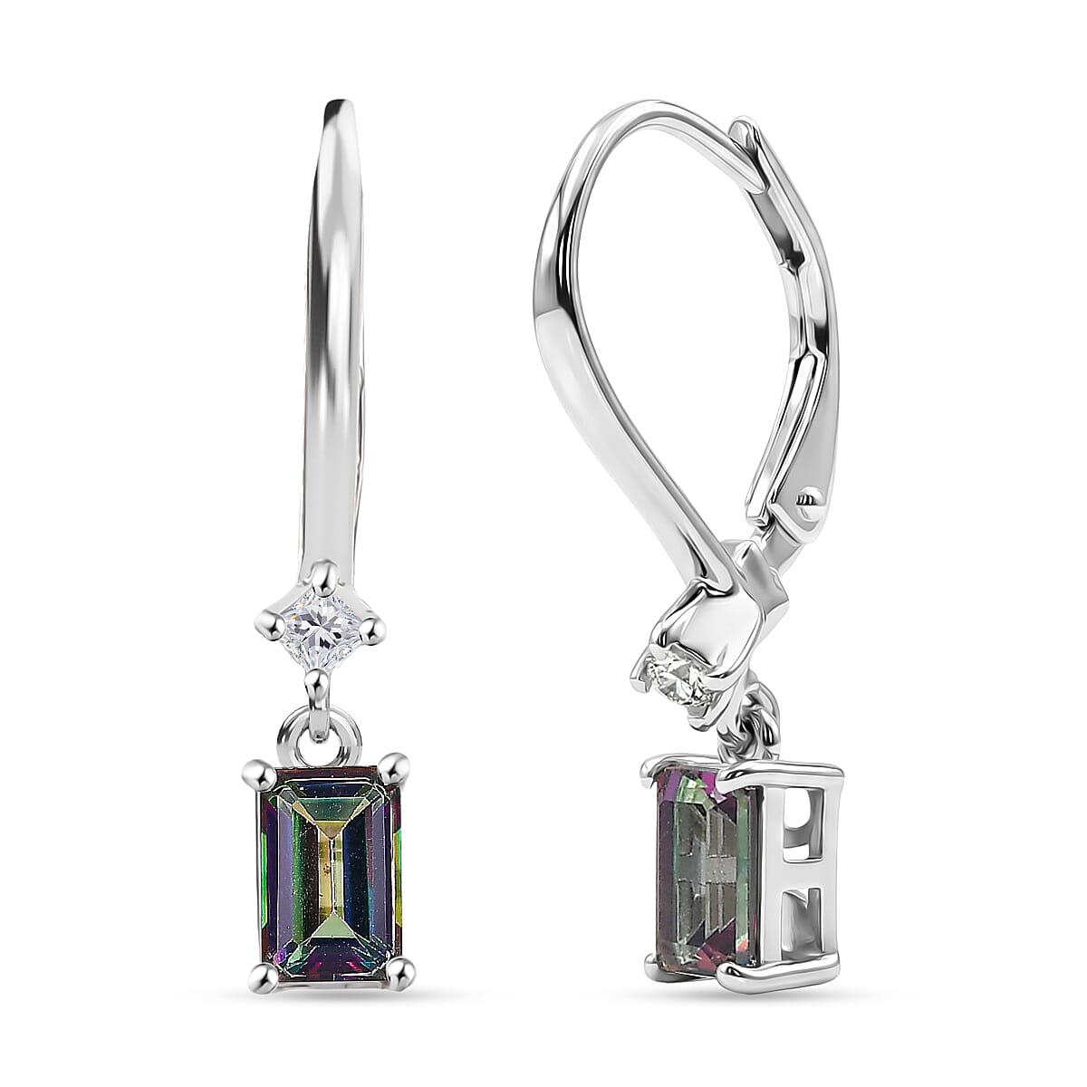 D'Joy Mystic Topaz & White Zircon Solitaire Lever Back Earring in Platinum Overlay Sterling Silver 1.50 Ct.