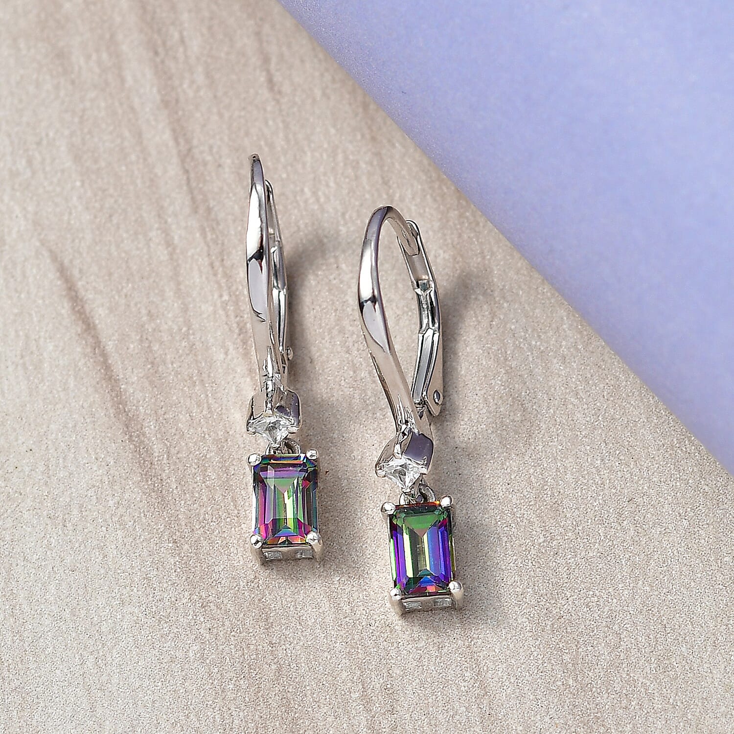 D'Joy Mystic Topaz & White Zircon Solitaire Lever Back Earring in Platinum Overlay Sterling Silver 1.50 Ct.