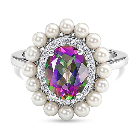 D'Joy Mystic Topaz, Fresh Water Pearl & White Zircon Ring in Rhodium Overlay Sterling Silver 3.85  Ct.