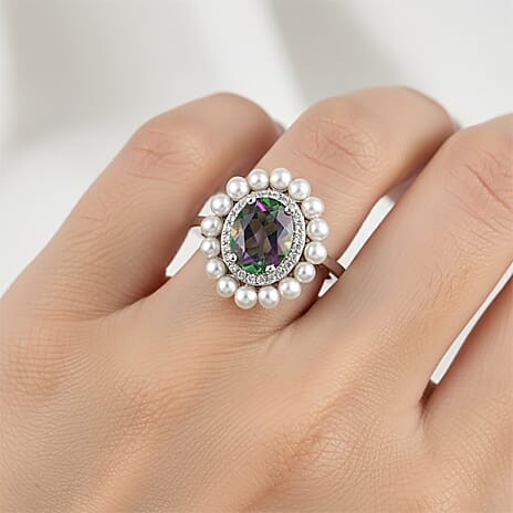 D'Joy Mystic Topaz, Fresh Water Pearl & White Zircon Ring in Rhodium Overlay Sterling Silver 3.85  Ct.