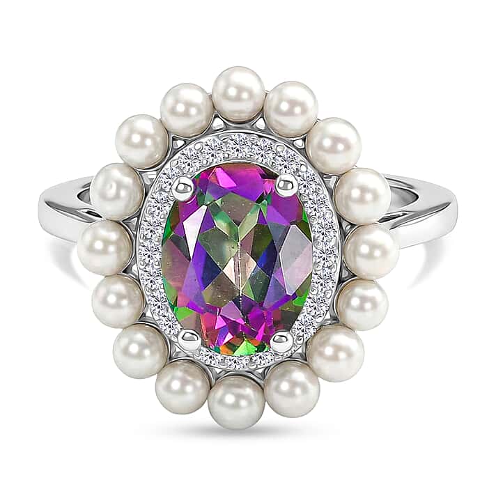 D'Joy Mystic Topaz, Fresh Water Pearl & White Zircon Ring in Rhodium Overlay Sterling Silver 3.85 Ct.