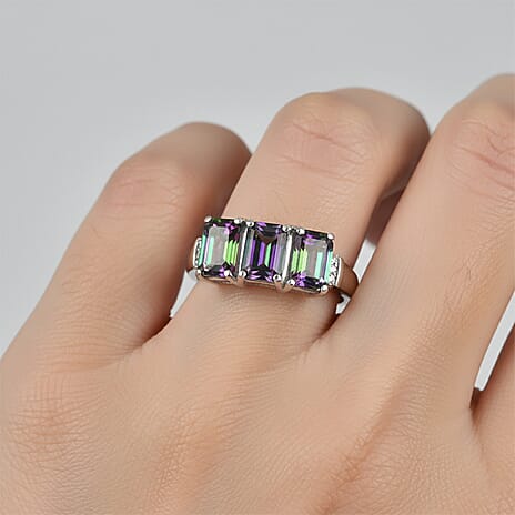 D'Joy Mystic Topaz & Natural White Diamond 3 Stone Ring in Rhodium Overlay Sterling Silver 3.50 Ct.