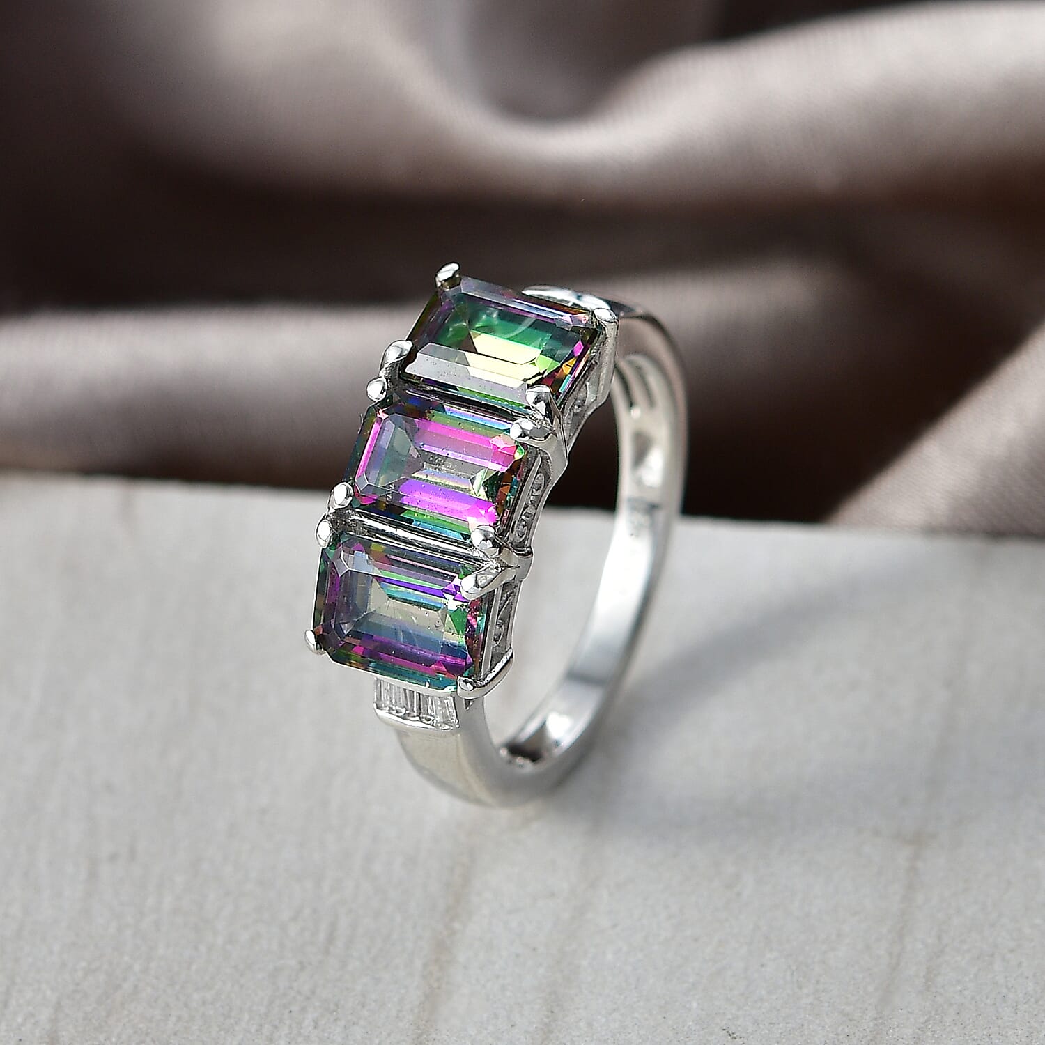 D'Joy Mystic Topaz & Natural White Diamond 3 Stone Ring in Rhodium Overlay Sterling Silver 3.50 Ct.
