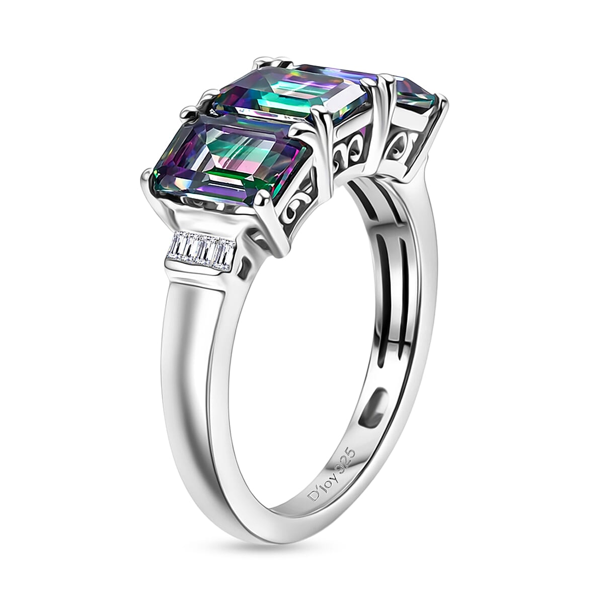 D'Joy Mystic Topaz & Natural White Diamond 3 Stone Ring in Rhodium Overlay Sterling Silver 3.50 Ct.