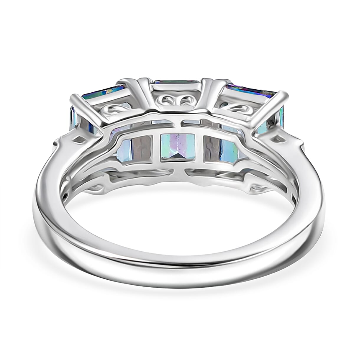 D'Joy Mystic Topaz & Natural White Diamond 3 Stone Ring in Rhodium Overlay Sterling Silver 3.50 Ct.