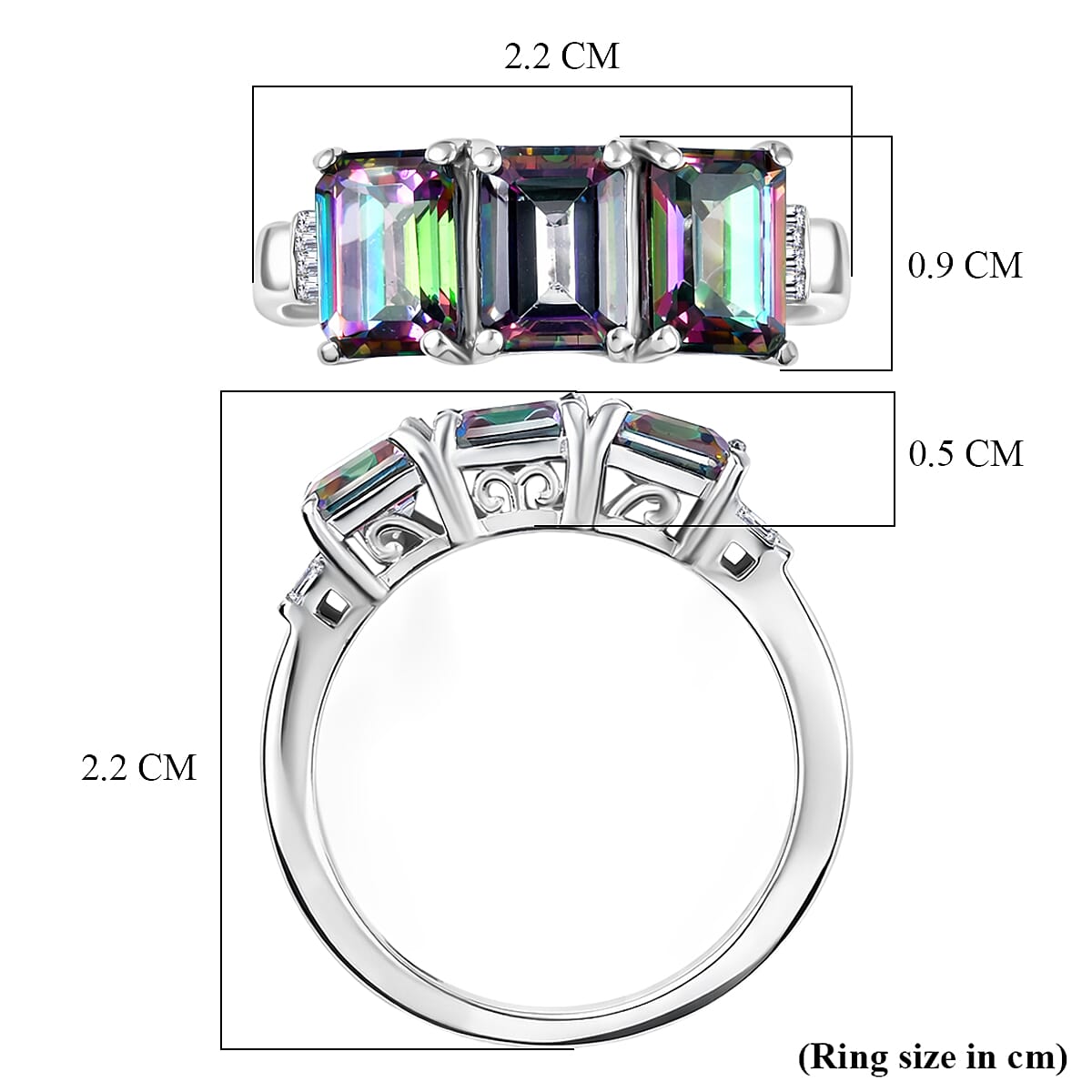D'Joy Mystic Topaz & Natural White Diamond 3 Stone Ring in Rhodium Overlay Sterling Silver 3.50 Ct.
