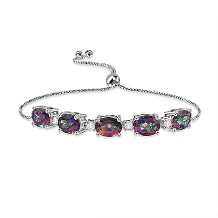 D'Joy Mystic Topaz, White Zircon Adjustable Bracelet (Size - 10.5) in Rhodium Overlay Sterling Silver 7.71 Ct.