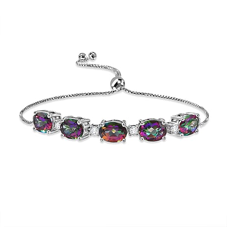 D'Joy Mystic Topaz & White Zircon Adjustable Bracelet (Size - 10.5) in Rhodium Overlay Sterling Silver 7.71 Ct.