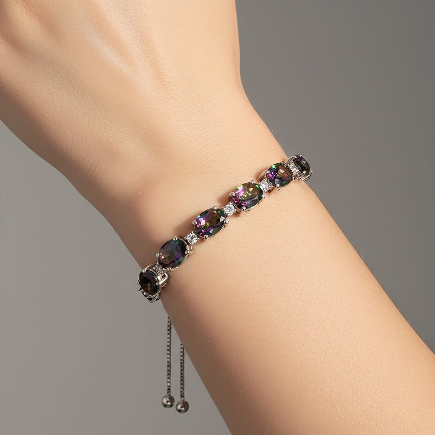 D'Joy Mystic Topaz & White Zircon Adjustable Bracelet (Size - 10.5) in Rhodium Overlay Sterling Silver 7.71 Ct.