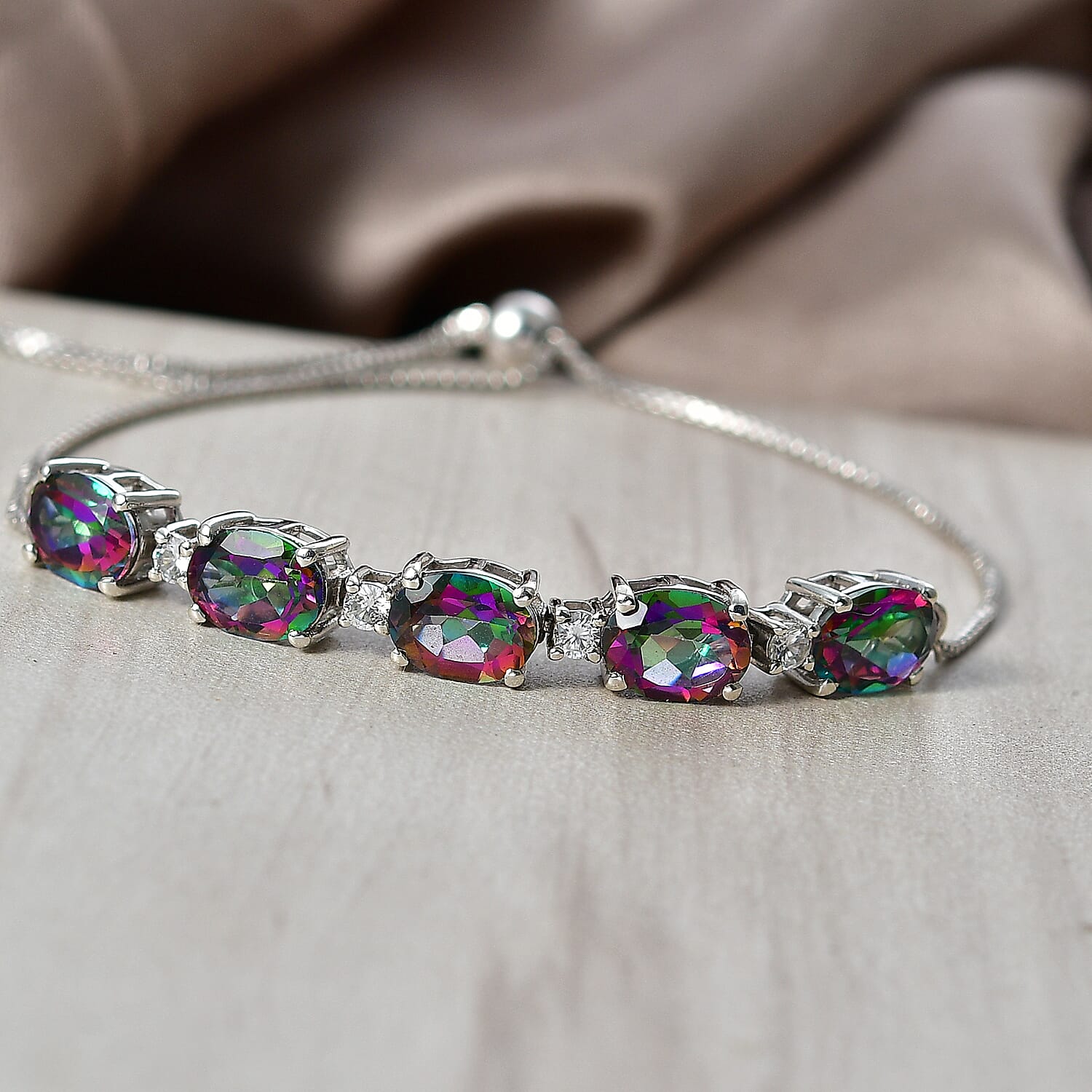 D'Joy Mystic Topaz & White Zircon Adjustable Bracelet (Size - 10.5) in Rhodium Overlay Sterling Silver 7.71 Ct.