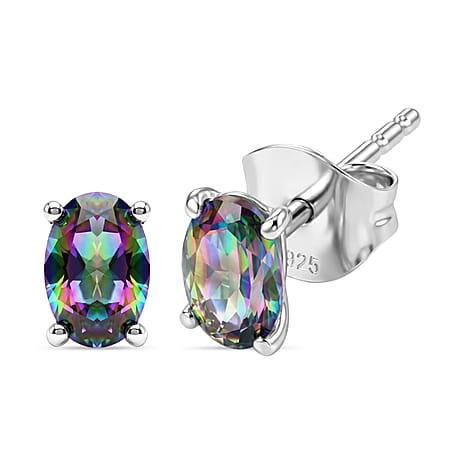 Mystic Topaz Solitaire Stud Push Post Earring in Platinum Overlay Sterling Silver 1.11 Ct.