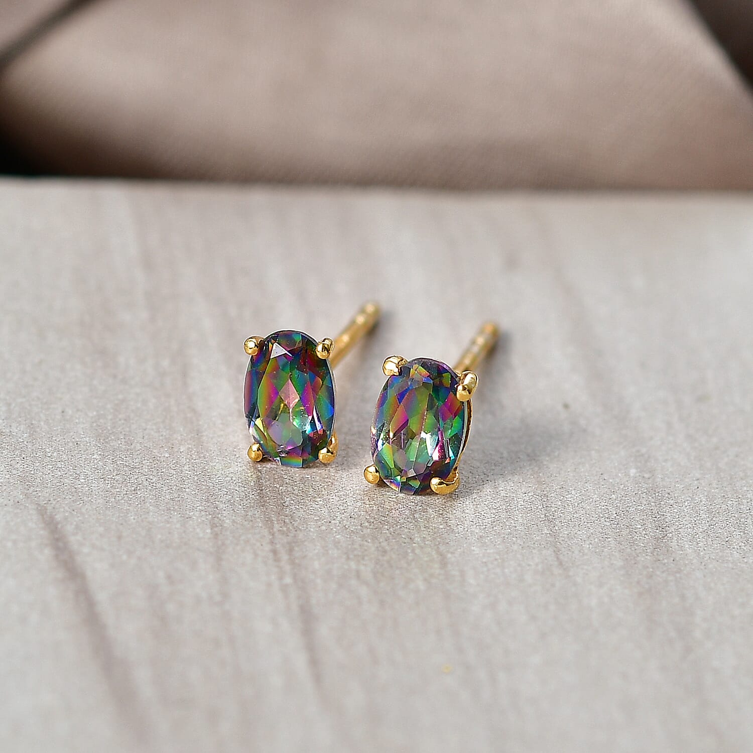 Mystic Topaz Solitaire Stud Push Post Earring in Yellow Gold Plated Sterling Silver 1.11 Ct.