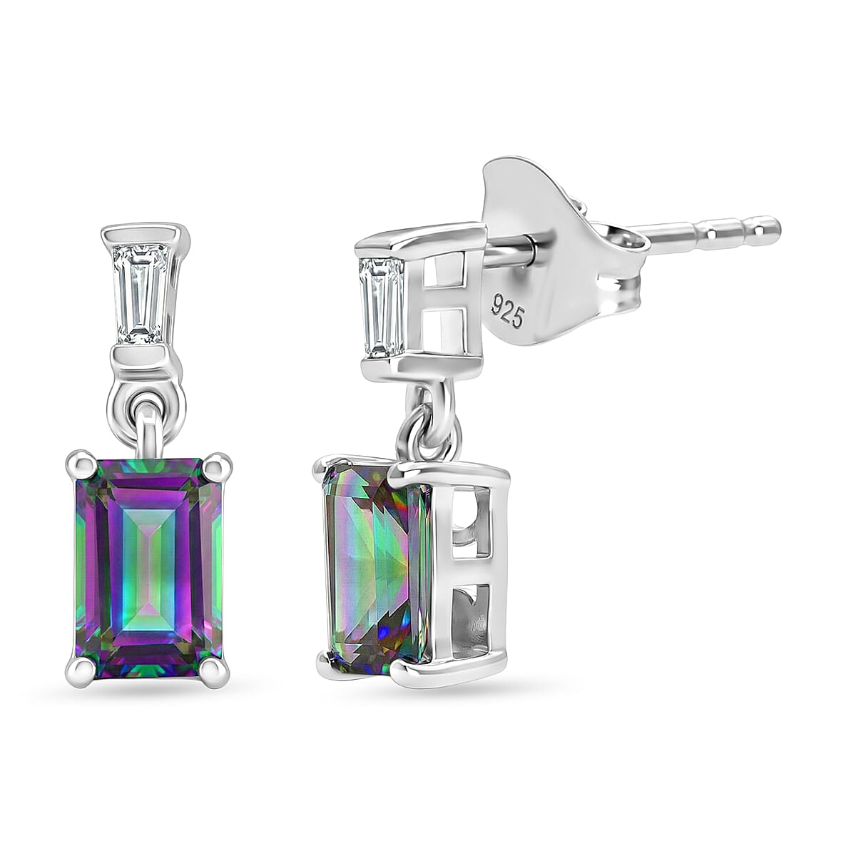 D'Joy Mystic Topaz & White Topaz Dangling Earring with Push Post in Rhodium Overlay Sterling Silver 1.50 Ct.