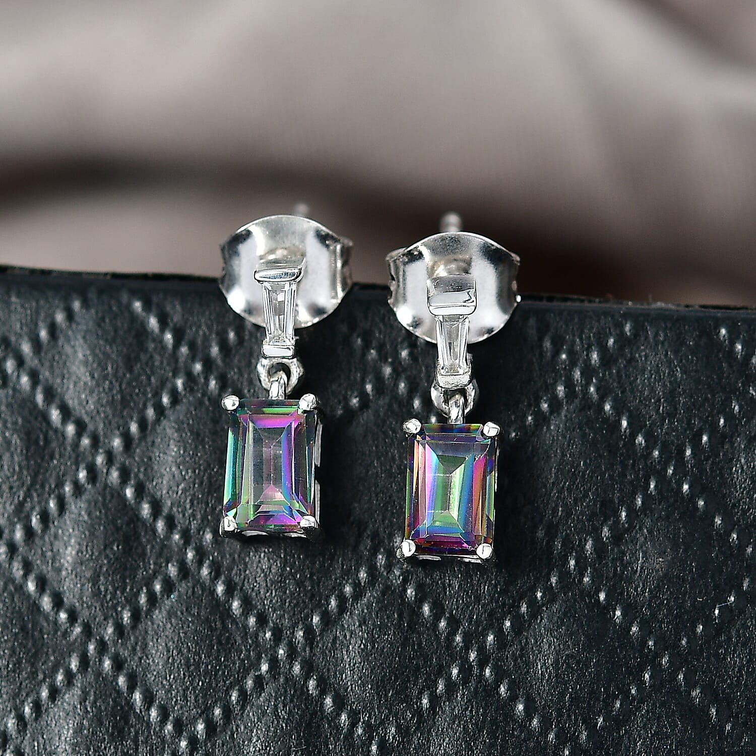 D'Joy Mystic Topaz & White Topaz Dangling Earring with Push Post in Rhodium Overlay Sterling Silver 1.50 Ct.