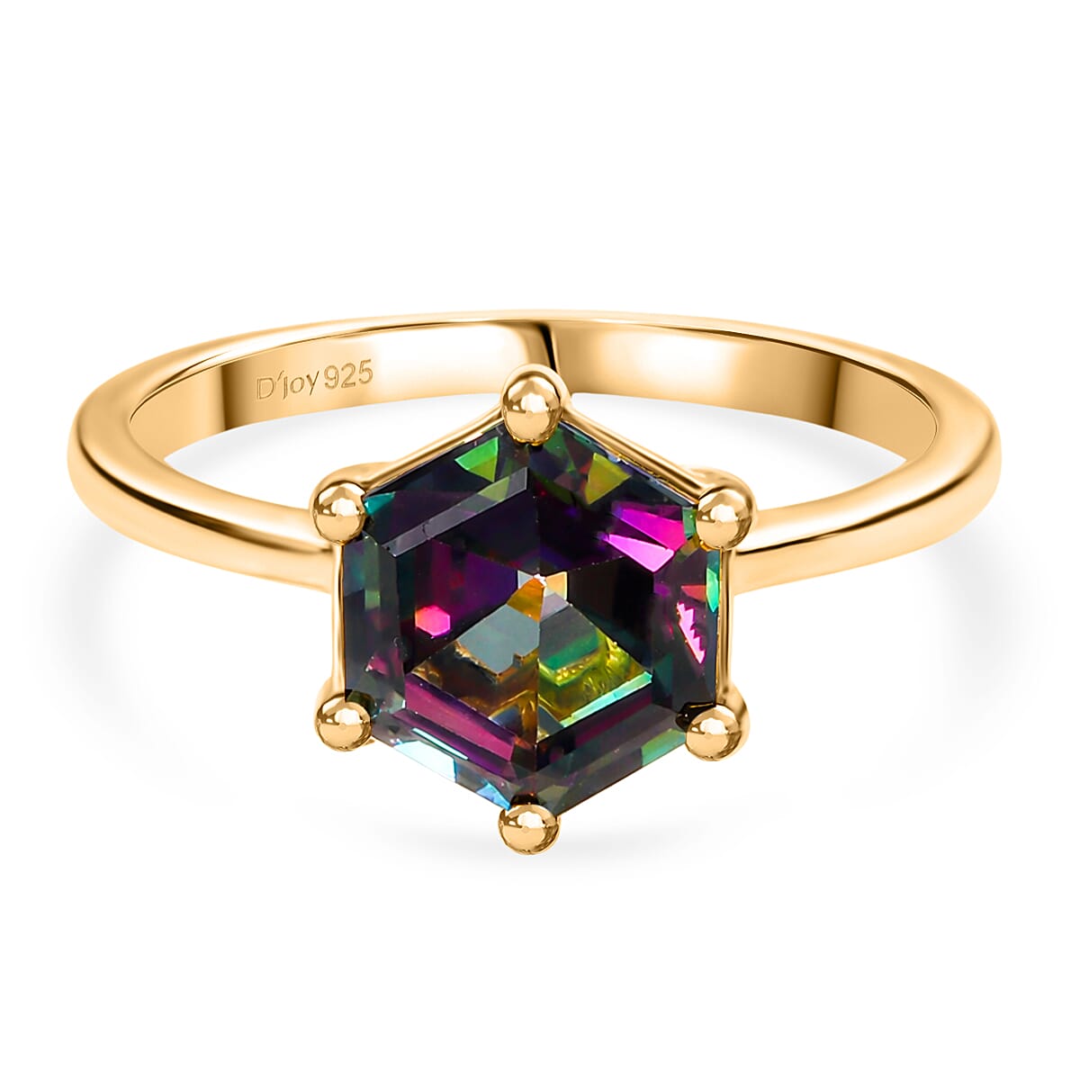 D'Joy Mystic Topaz Solitaire Ring in Yellow Gold Plated Sterling Silver 2.97 Ct.