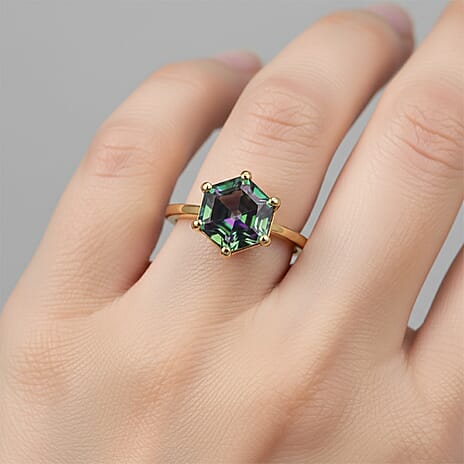 D'Joy Mystic Topaz Solitaire Ring in Yellow Gold Plated Sterling Silver 2.97 Ct.