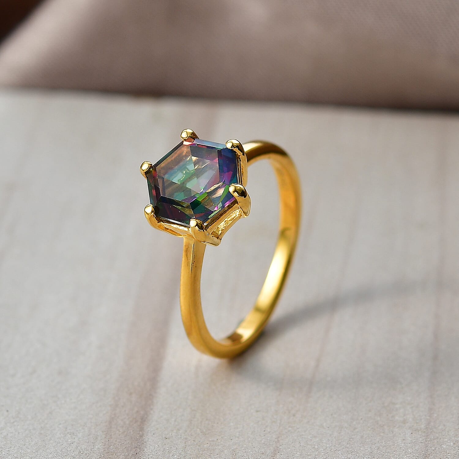 D'Joy Mystic Topaz Solitaire Ring in Yellow Gold Plated Sterling Silver 2.97 Ct.