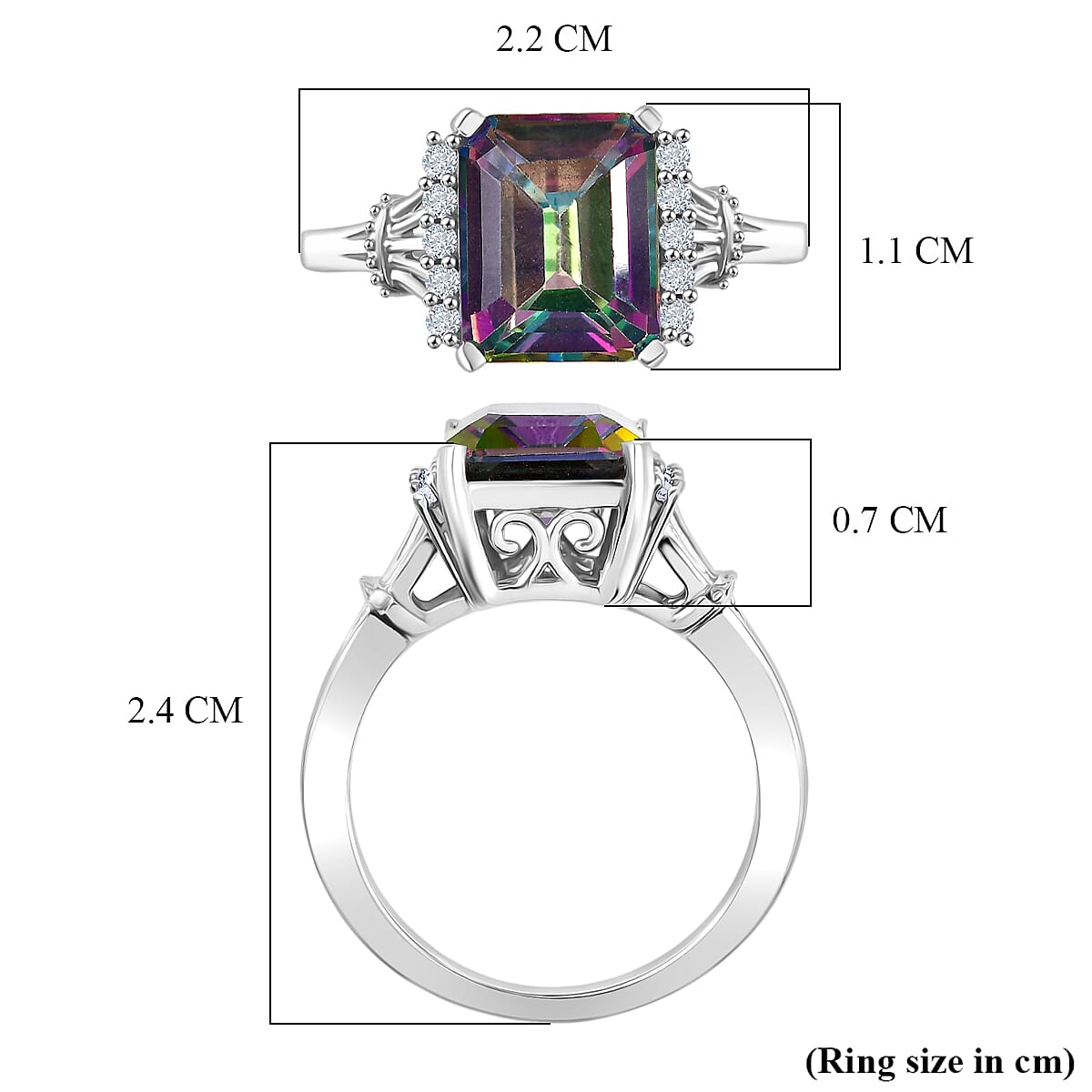 D'Joy Mystic Topaz & White Zircon Ring in Rhodium Overlay Sterling Silver 4.47 Ct.