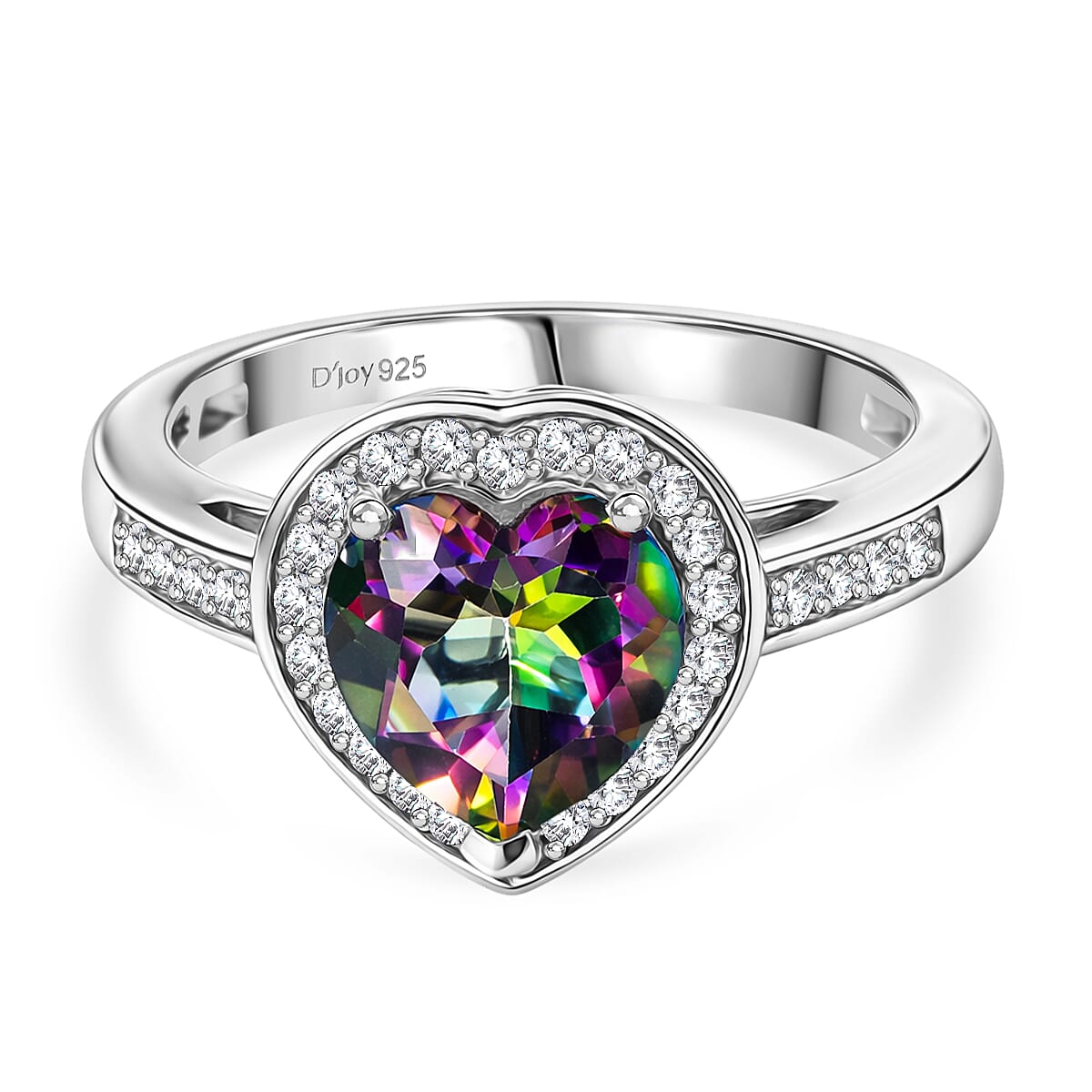 D'Joy Mystic Topaz & White Zircon Heart Ring in Rhodium Overlay Sterling Silver 2.45 Ct.