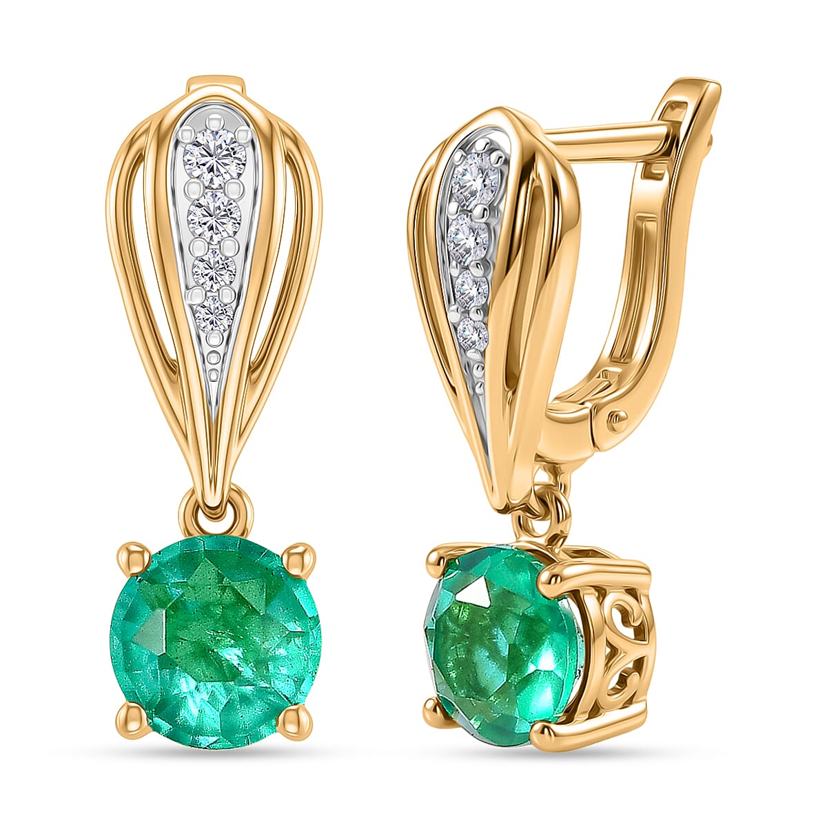 D'Joy Emeraldine Triplet Quartz & White Zircon Dangling Earring with Clasp in Yellow Gold Plated Sterling Silver 2.90 Ct.