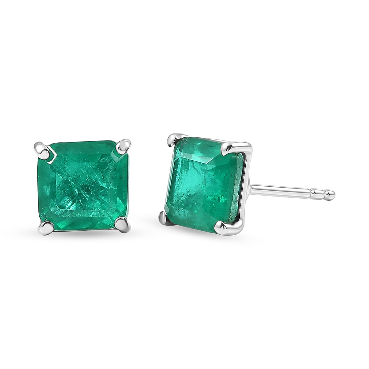 Emeraldine Triplet Quartz Solitaire Stud Push Post Earring in Platinum Overlay Sterling Silver 3.35 Ct.