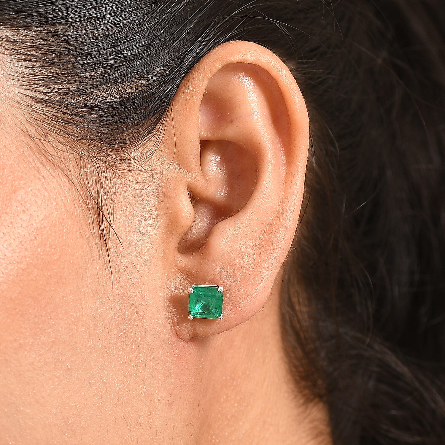 Emeraldine Triplet Quartz Solitaire Stud Push Post Earring in Platinum Overlay Sterling Silver 3.35 Ct.