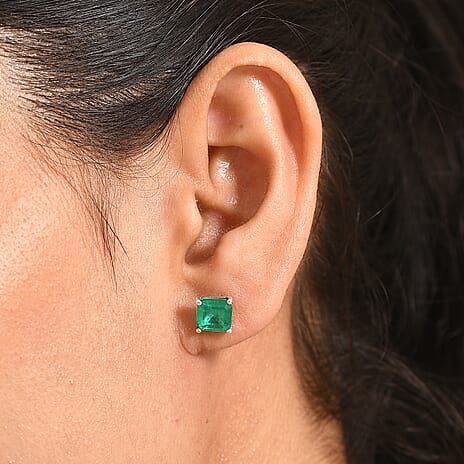 Emeraldine Triplet Quartz Solitaire Stud Push Post Earring in Platinum Overlay Sterling Silver 3.35 Ct.