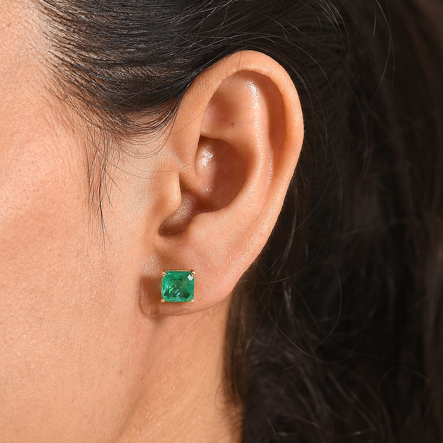 Emeraldine Triplet Quartz Solitaire Stud Push Post Earring in Yellow Gold Plated Sterling Silver 3.35 Ct.