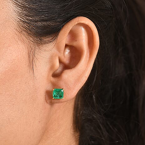 Emeraldine Triplet Quartz Solitaire Stud Push Post Earring in Yellow Gold Plated Sterling Silver 3.35 Ct.