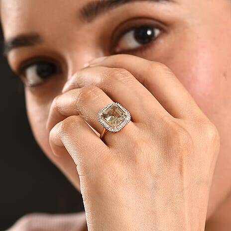 The Tony Diniz Collection - Rhapsody 18K Yellow Gold AAAA Natural Royal Asscher Cut Turkizite & Natural Earth Mined VS-E-F White Diamond Ring 5.14 Ct. Gold Wt 4.80 Gms