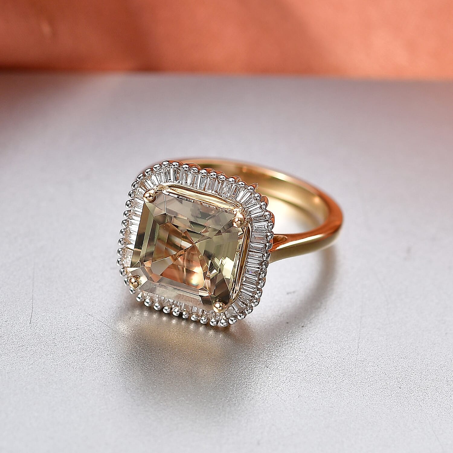 The Tony Diniz Collection - Rhapsody 18K Yellow Gold AAAA Natural Royal Asscher Cut Turkizite & Natural Earth Mined VS-E-F White Diamond Ring 5.14 Ct. Gold Wt 4.8 Grams