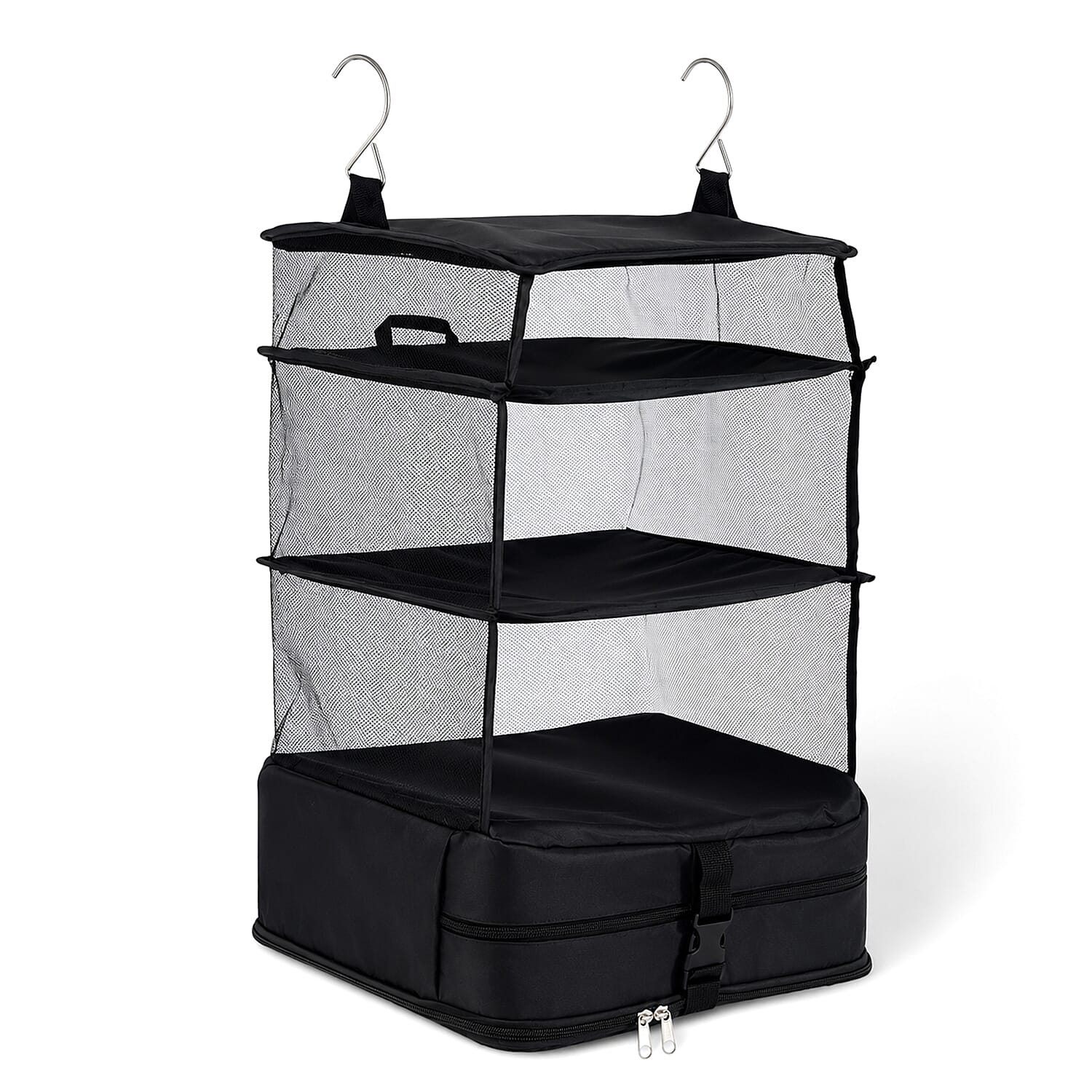 Hanging Travel Luggage Organizer - 3-Tier Portable Wardrobe Shelves & Oxford Cloth Packing Cube (30x23x56cm) - Black