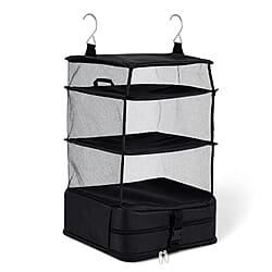 Hanging Travel Luggage Organizer - 3-Tier Portable Wardrobe Shelves & Oxford Cloth Packing Cube (30x23x56cm) - Black