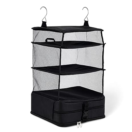 Hanging Travel Luggage Organizer - 3-Tier Portable Wardrobe Shelves & Oxford Cloth Packing Cube (30x23x56cm) - Black