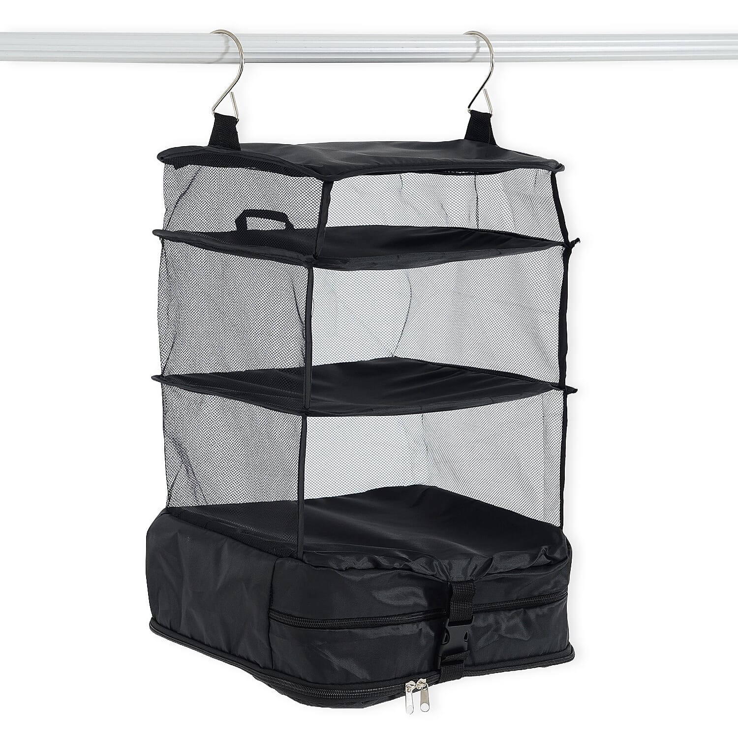 Hanging Travel Luggage Organizer - 3-Tier Portable Wardrobe Shelves & Oxford Cloth Packing Cube (30x23x56cm) - Black