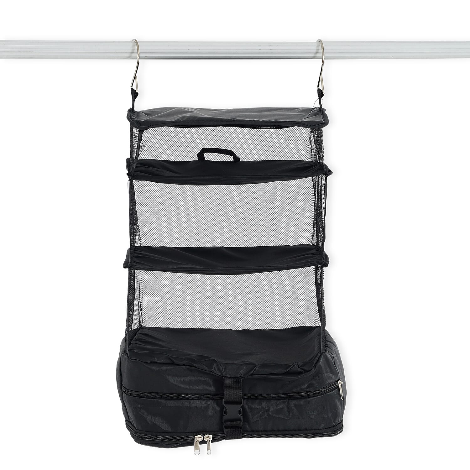 Hanging Travel Luggage Organizer - 3-Tier Portable Wardrobe Shelves & Oxford Cloth Packing Cube (30x23x56cm) - Black