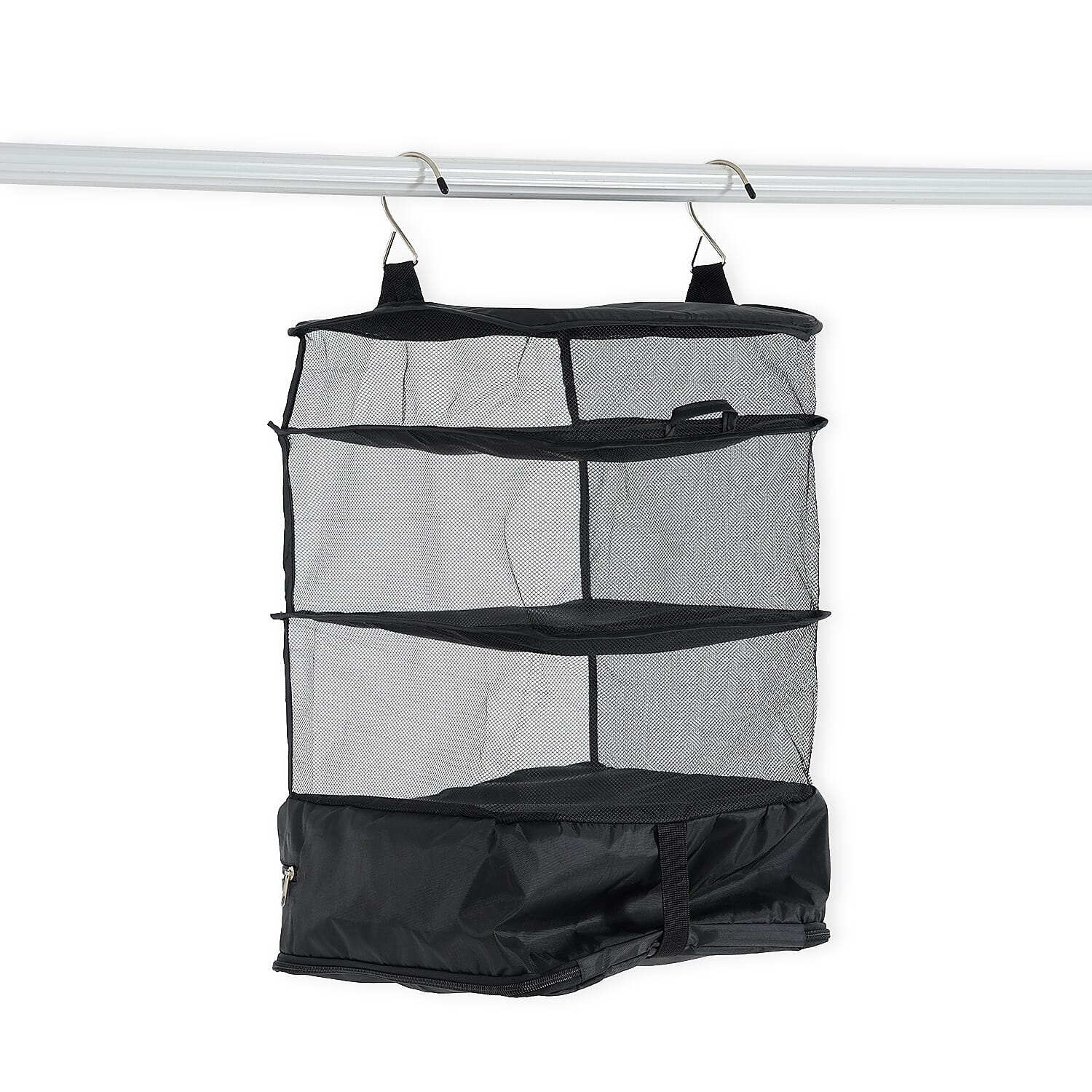 Hanging Travel Luggage Organizer - 3-Tier Portable Wardrobe Shelves & Oxford Cloth Packing Cube (30x23x56cm) - Black