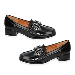 Spot on Ladies Low Block Heel Loafer with Metallic Buckle