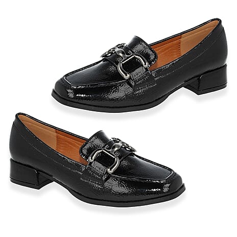 Womens Low Block Heel Crinkle Patent Loafers With Pewter Metallic Buckle Detail (Size 3) - Black