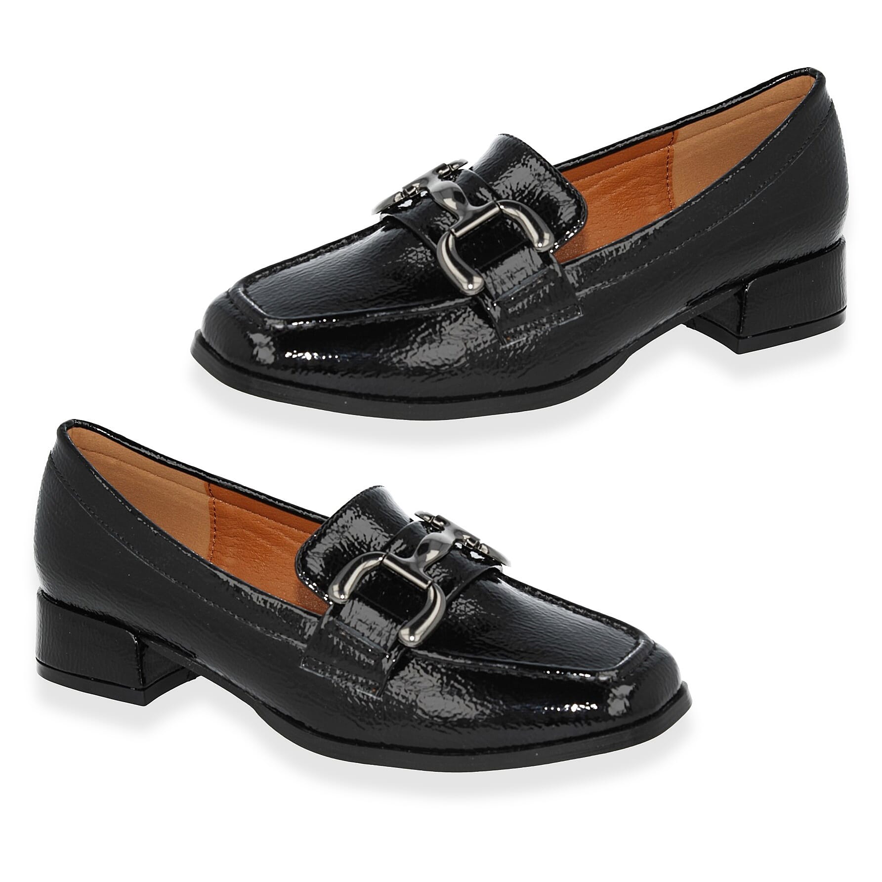 Spot on Ladies Low Block Heel Loafer with Metallic Buckle