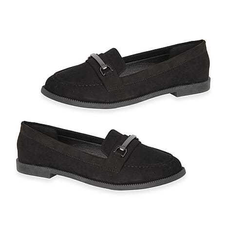 Spot On Ladies Microsuede Slip-On Loafers With Tonal Metallic Strap (Size 4) - Black