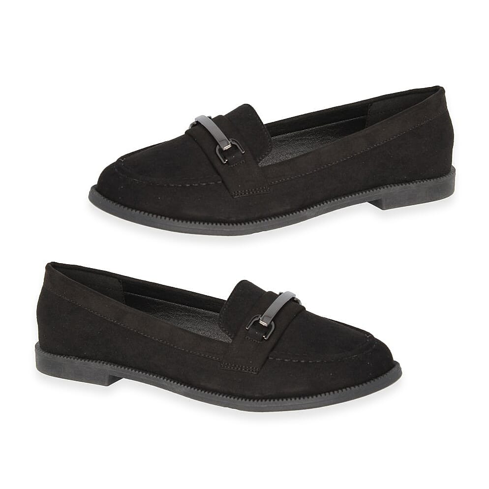 Spot On Ladies Microsuede Slip-On Loafers With Tonal Metallic Strap