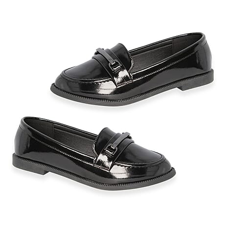 Spot On Ladies Crinkle Patent Slip-On Loafers With Tonal Metallic Strap (Size 8) - Black