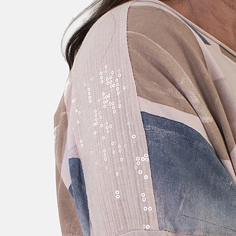 Sugar Crisp Italian Made Printed Long-Sleeved Scoop-Neck Sequined Layered Top One-Size (Fits upto Size 22) - Pink