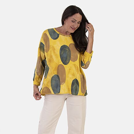 Sugar Crisp Italian Made Printed Long-Sleeved Scoop-Neck Sequined Layered Top One-Size (Fits upto Size 22) - Lemon