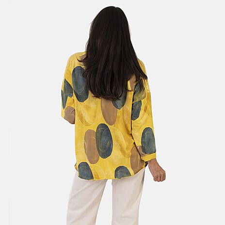 Sugar Crisp Italian Made Printed Long-Sleeved Scoop-Neck Sequined Layered Top One-Size (Fits upto Size 22) - Lemon