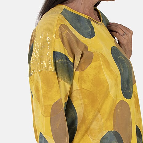 Sugar Crisp Italian Made Printed Long-Sleeved Scoop-Neck Sequined Layered Top One-Size (Fits upto Size 22) - Lemon