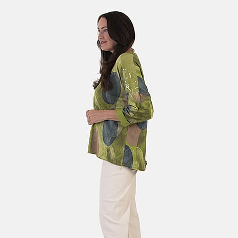 Sugar Crisp Italian Made Printed Long-Sleeved Scoop-Neck Sequined Layered Top One-Size (Fits upto Size 22) - Lime